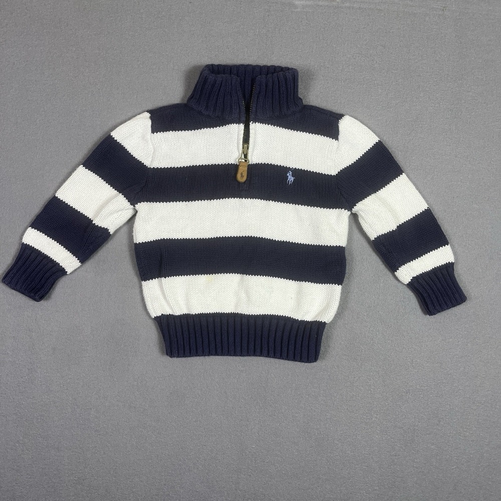 Polo Ralph Lauren Quarter Zip Sweater Navy White Striped Cotton Boys Size 18 Mo